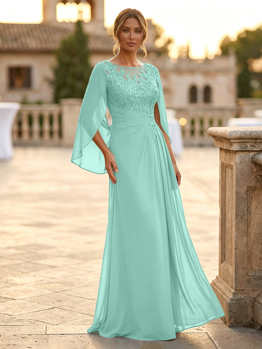 A-Line Chiffon Cape Sleeves Floor-Length Mother of the Bride & Groom Dresses with Rhinestones & Ruched Waist (SHI22500634)
