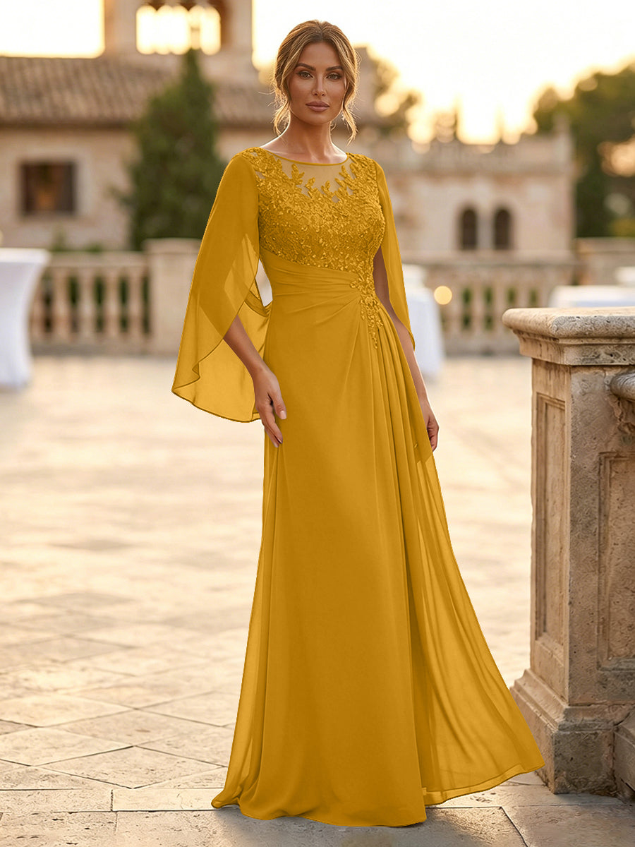A-Line Chiffon Cape Sleeves Floor-Length Mother of the Bride & Groom Dresses with Rhinestones & Ruched Waist (SHI22500634)