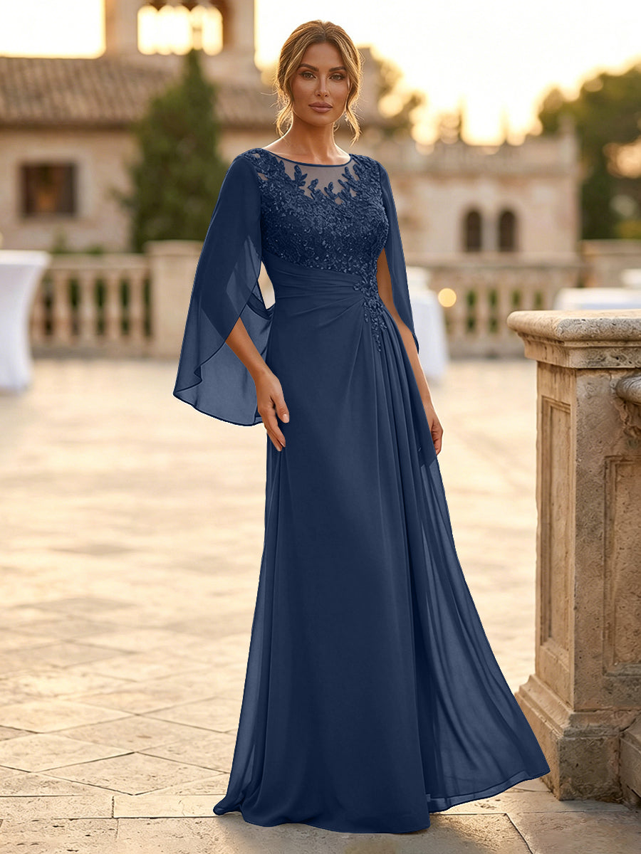 A-Line Chiffon Cape Sleeves Floor-Length Mother of the Bride & Groom Dresses with Rhinestones & Ruched Waist (SHI22500634)