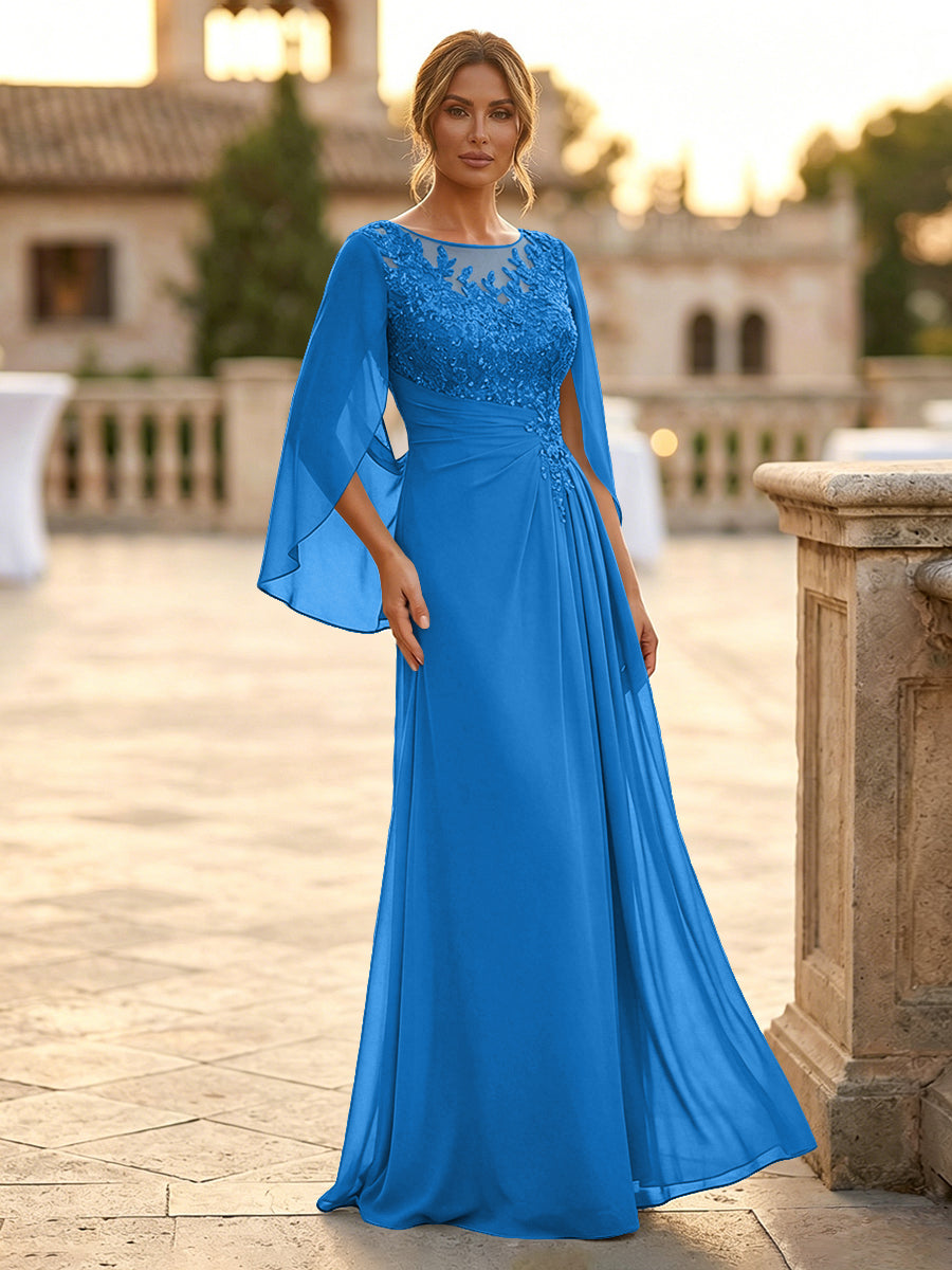 A-Line Chiffon Cape Sleeves Floor-Length Mother of the Bride & Groom Dresses with Rhinestones & Ruched Waist (SHI22500634)