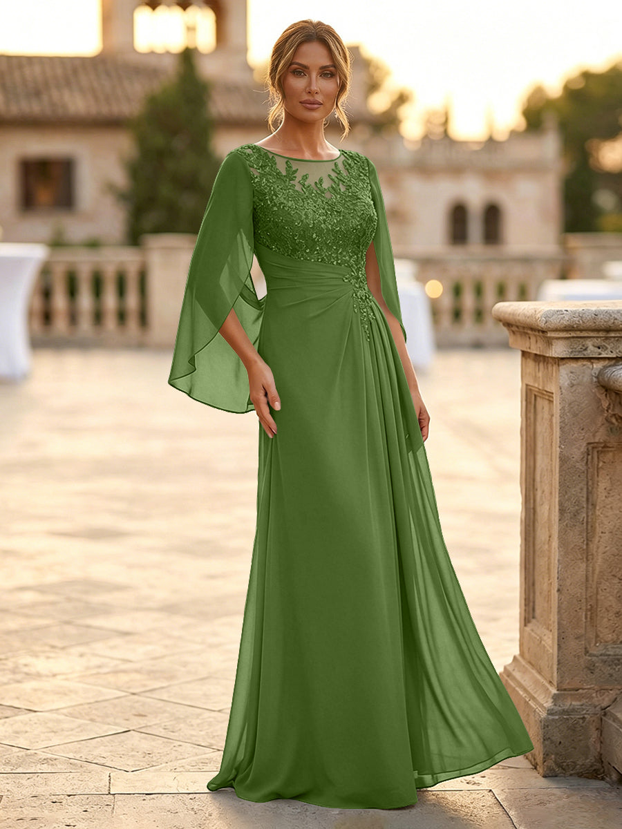 A-Line Chiffon Cape Sleeves Floor-Length Mother of the Bride & Groom Dresses with Rhinestones & Ruched Waist (SHI22500634)