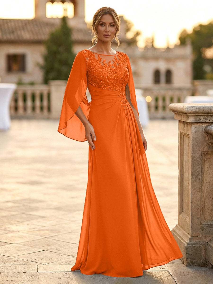 A-Line Chiffon Cape Sleeves Floor-Length Mother of the Bride & Groom Dresses with Rhinestones & Ruched Waist (SHI22500634)