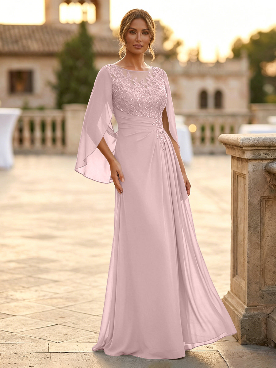 A-Line Chiffon Cape Sleeves Floor-Length Mother of the Bride & Groom Dresses with Rhinestones & Ruched Waist (SHI22500634)