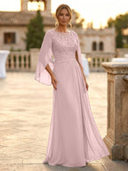 A-Line Chiffon Cape Sleeves Floor-Length Mother of the Bride & Groom Dresses with Rhinestones & Ruched Waist (SHI22500634)