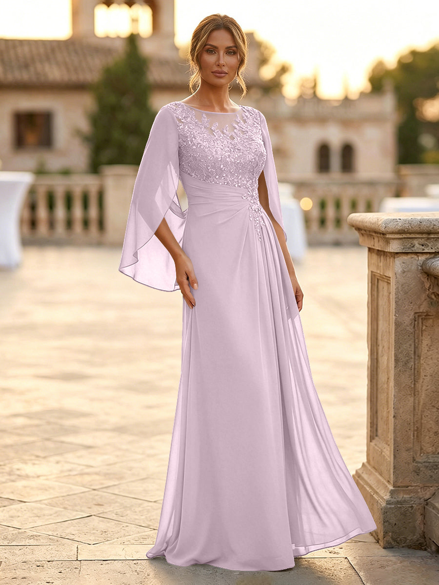 A-Line Chiffon Cape Sleeves Floor-Length Mother of the Bride & Groom Dresses with Rhinestones & Ruched Waist (SHI22500634)