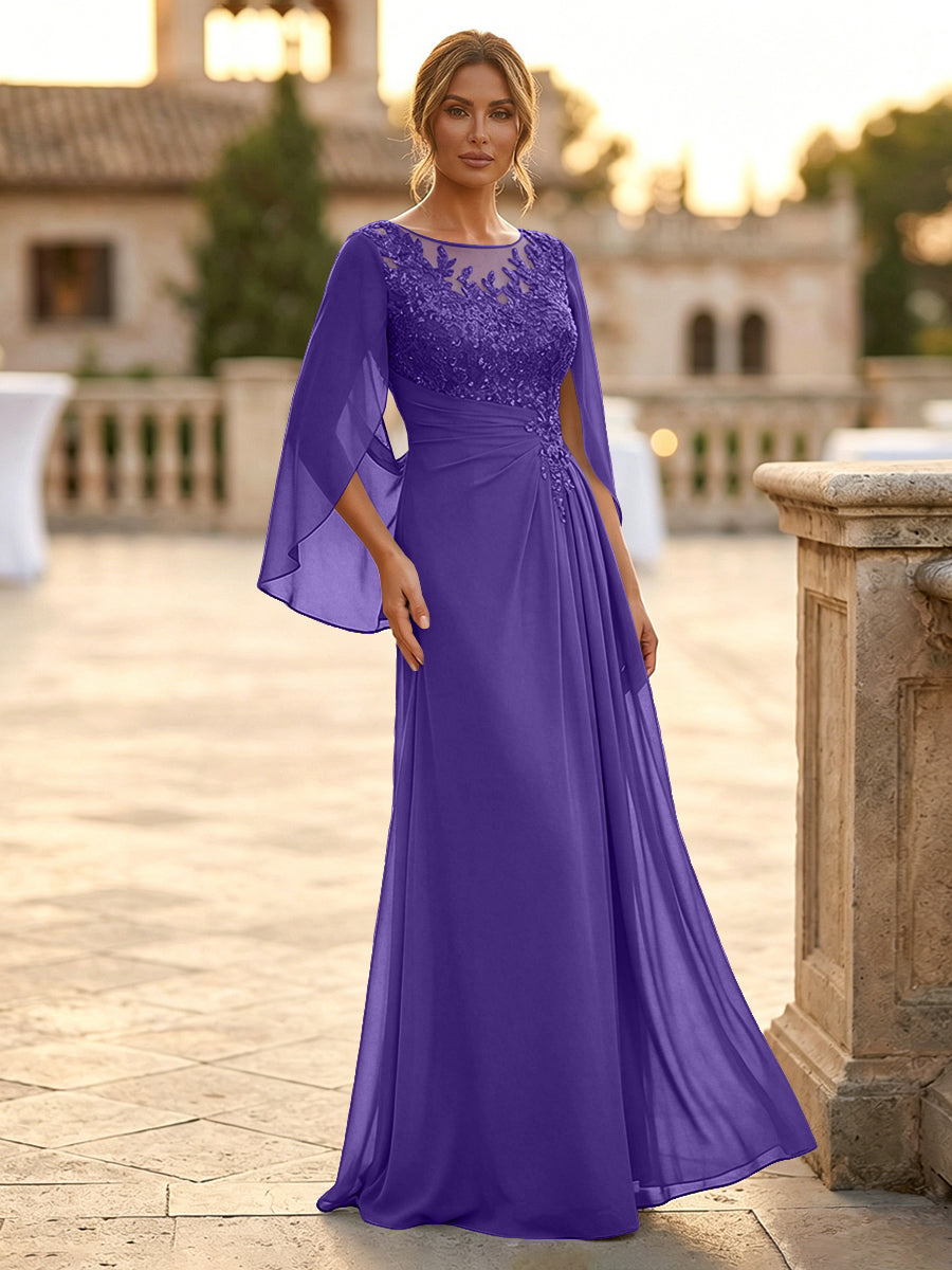 A-Line Chiffon Cape Sleeves Floor-Length Mother of the Bride & Groom Dresses with Rhinestones & Ruched Waist (SHI22500634)