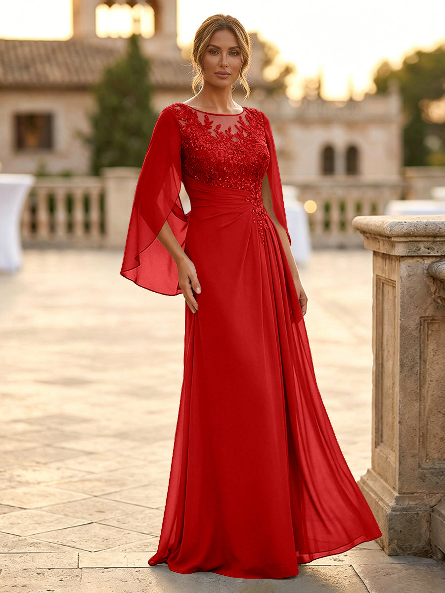 A-Line Chiffon Cape Sleeves Floor-Length Mother of the Bride & Groom Dresses with Rhinestones & Ruched Waist (SHI22500634)
