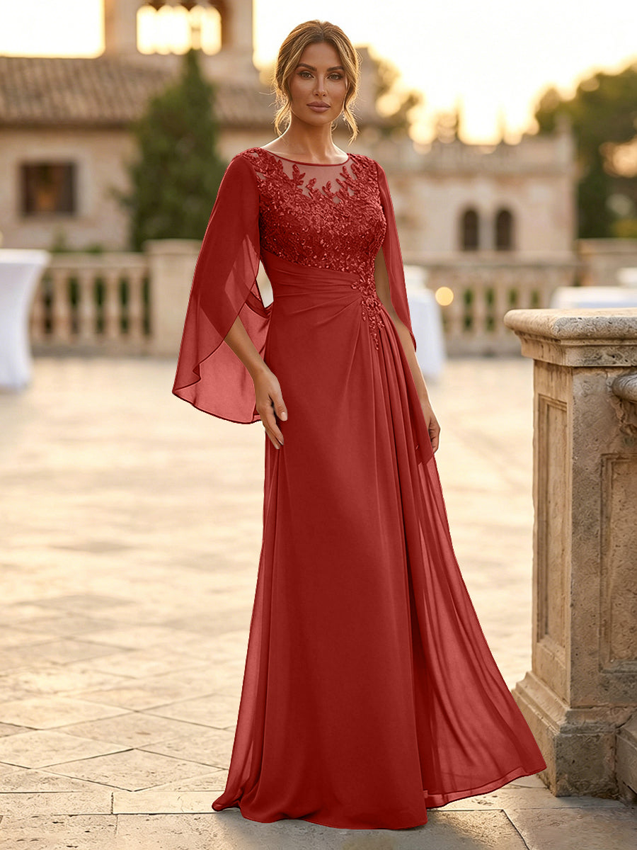 A-Line Chiffon Cape Sleeves Floor-Length Mother of the Bride & Groom Dresses with Rhinestones & Ruched Waist (SHI22500634)