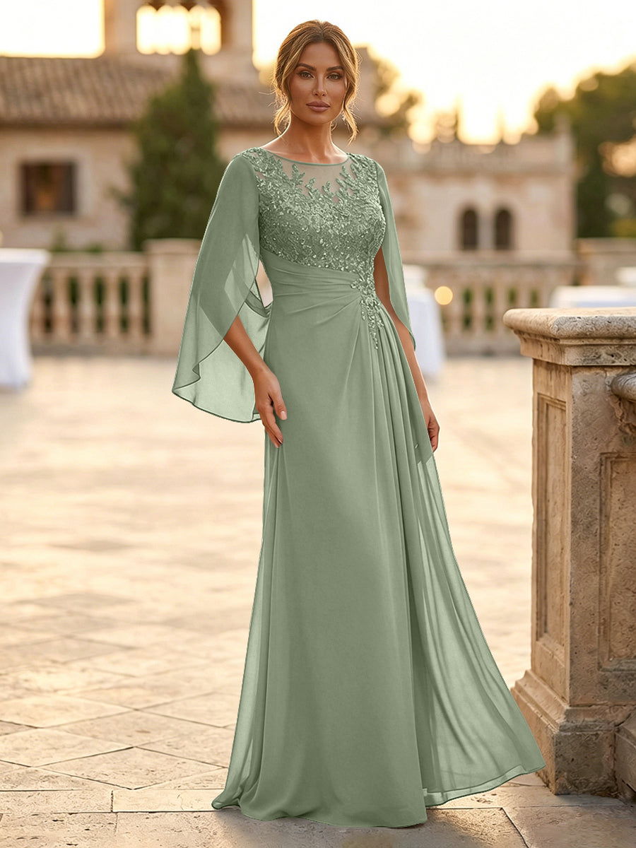 A-Line Chiffon Cape Sleeves Floor-Length Mother of the Bride & Groom Dresses with Rhinestones & Ruched Waist (SHI22500634)