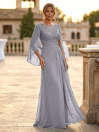 A-Line Chiffon Cape Sleeves Floor-Length Mother of the Bride & Groom Dresses with Rhinestones & Ruched Waist (SHI22500634)