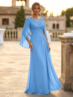 A-Line Chiffon Cape Sleeves Floor-Length Mother of the Bride & Groom Dresses with Rhinestones & Ruched Waist (SHI22500634)