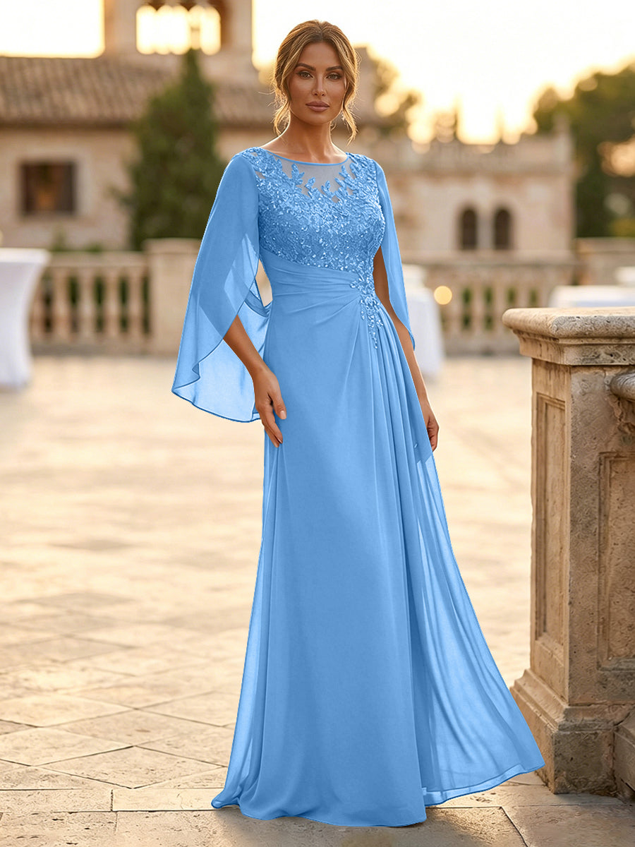 A-Line Chiffon Cape Sleeves Floor-Length Mother of the Bride & Groom Dresses with Rhinestones & Ruched Waist (SHI22500634)