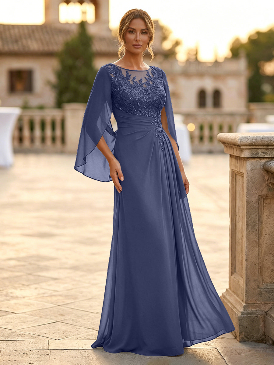 A-Line Chiffon Cape Sleeves Floor-Length Mother of the Bride & Groom Dresses with Rhinestones & Ruched Waist (SHI22500634)