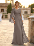 A-Line Chiffon Cape Sleeves Floor-Length Mother of the Bride & Groom Dresses with Rhinestones & Ruched Waist (SHI22500634)