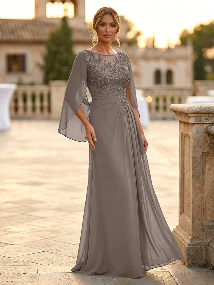A-Line Chiffon Cape Sleeves Floor-Length Mother of the Bride & Groom Dresses with Rhinestones & Ruched Waist (SHI22500634)