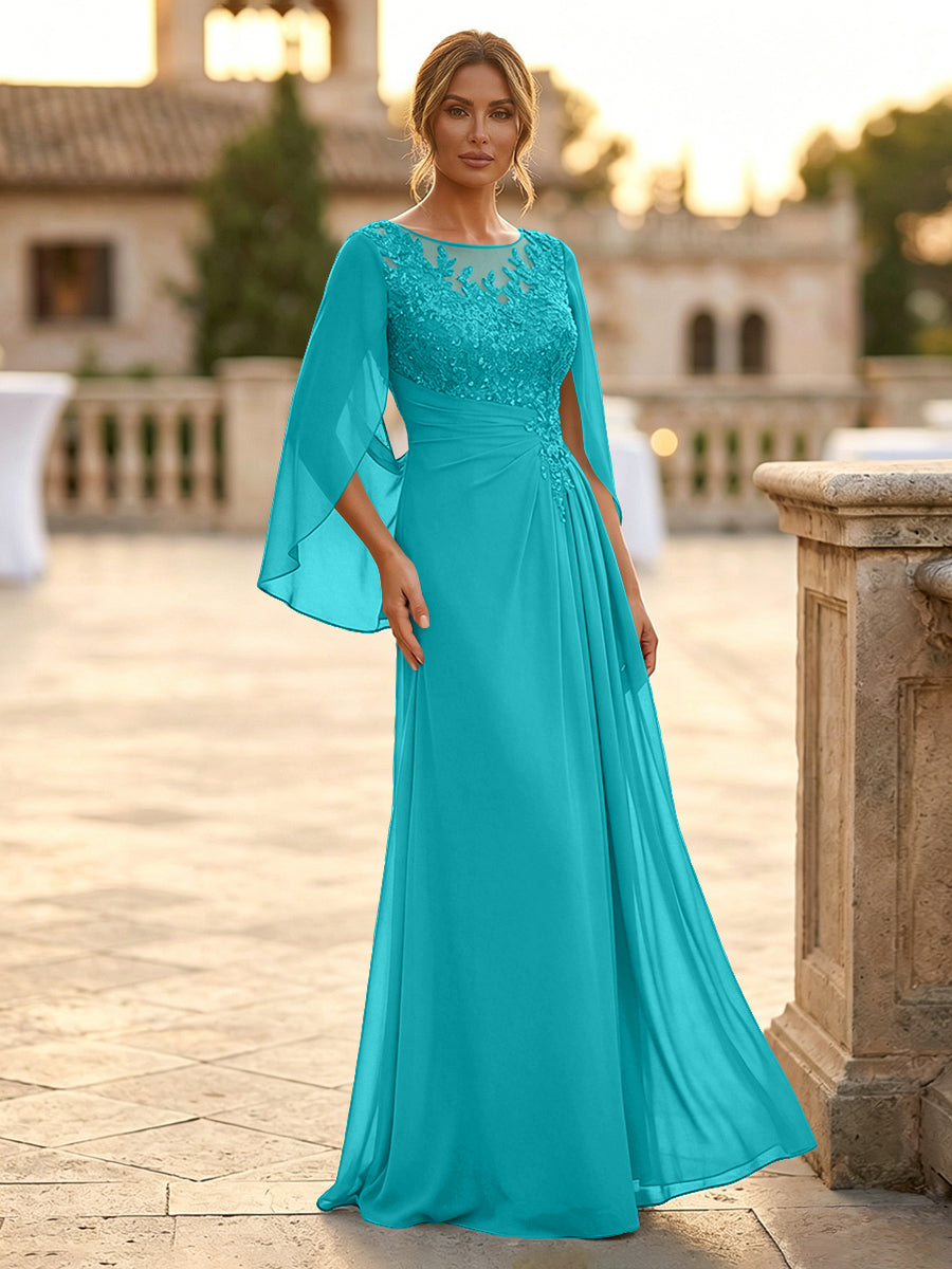 A-Line Chiffon Cape Sleeves Floor-Length Mother of the Bride & Groom Dresses with Rhinestones & Ruched Waist (SHI22500634)