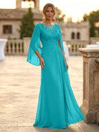 A-Line Chiffon Cape Sleeves Floor-Length Mother of the Bride & Groom Dresses with Rhinestones & Ruched Waist (SHI22500634)