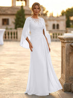 A-Line Chiffon Cape Sleeves Floor-Length Mother of the Bride & Groom Dresses with Rhinestones & Ruched Waist (SHI22500634)