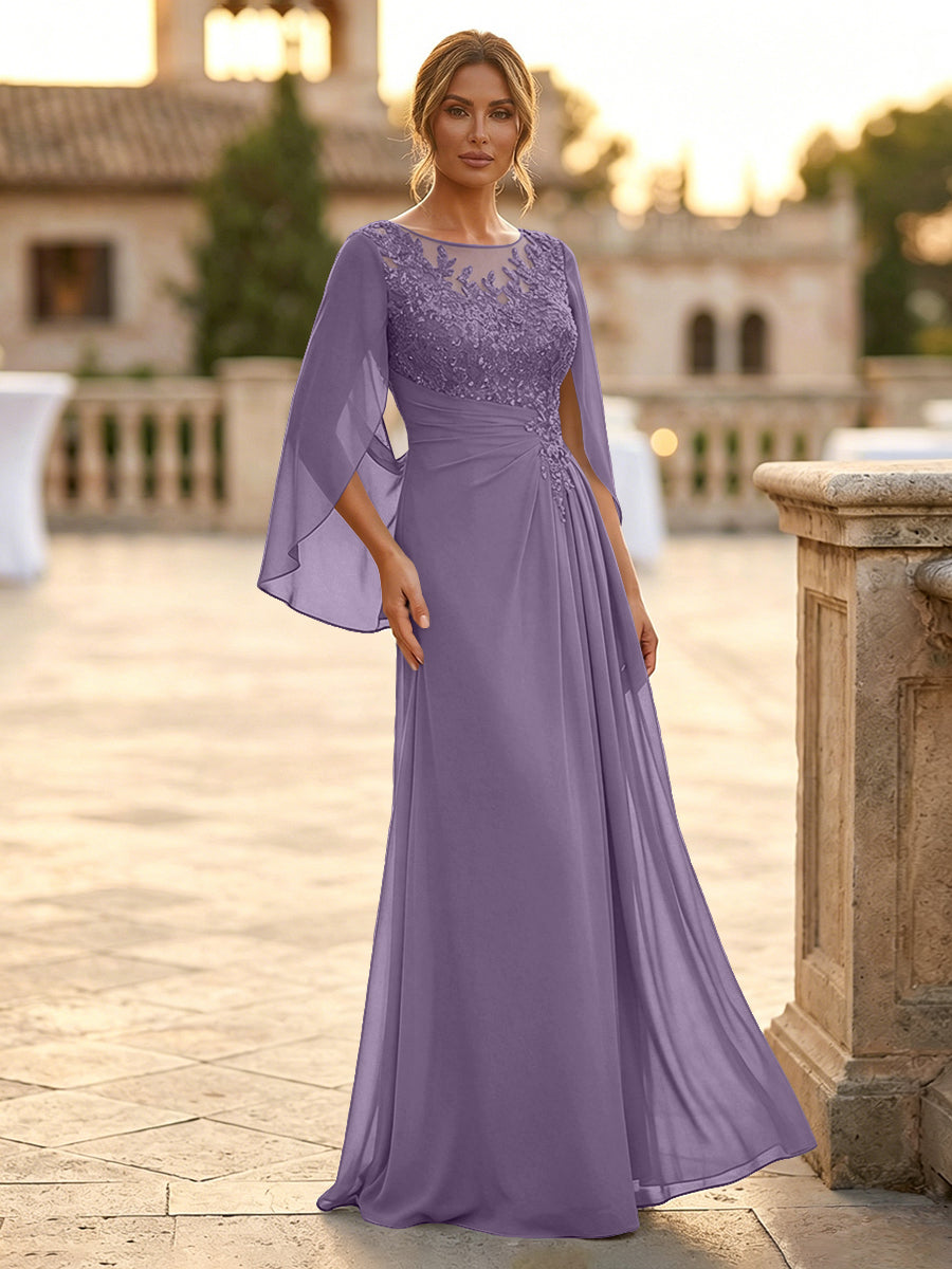 A-Line Chiffon Cape Sleeves Floor-Length Mother of the Bride & Groom Dresses with Rhinestones & Ruched Waist (SHI22500634)