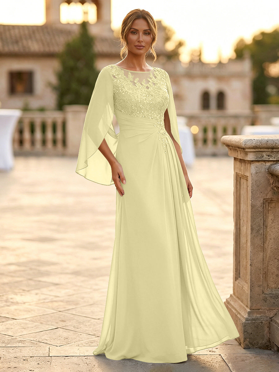 A-Line Chiffon Cape Sleeves Floor-Length Mother of the Bride & Groom Dresses with Rhinestones & Ruched Waist (SHI22500634)