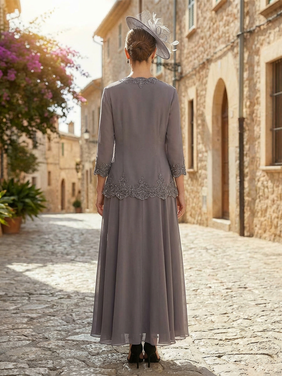 2-Piece A-Line Chiffon 3/4 Sleeves Mother of the Bride & Groom Dresses with Scalloped V-Neck Lace Bodice (SHI22500637)