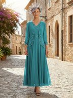 2-Piece A-Line Chiffon 3/4 Sleeves Mother of the Bride & Groom Dresses with Scalloped V-Neck Lace Bodice (SHI22500637)