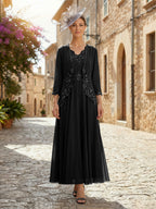 2-Piece A-Line Chiffon 3/4 Sleeves Mother of the Bride & Groom Dresses with Scalloped V-Neck Lace Bodice (SHI22500637)