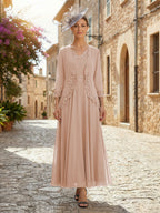 2-Piece A-Line Chiffon 3/4 Sleeves Mother of the Bride & Groom Dresses with Scalloped V-Neck Lace Bodice (SHI22500637)