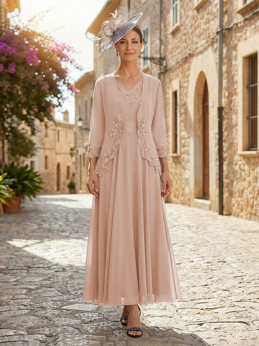 2-Piece A-Line Chiffon 3/4 Sleeves Mother of the Bride & Groom Dresses with Scalloped V-Neck Lace Bodice (SHI22500637)