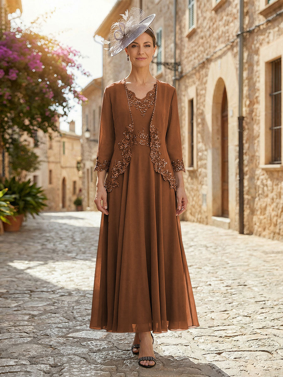 2-Piece A-Line Chiffon 3/4 Sleeves Mother of the Bride & Groom Dresses with Scalloped V-Neck Lace Bodice (SHI22500637)
