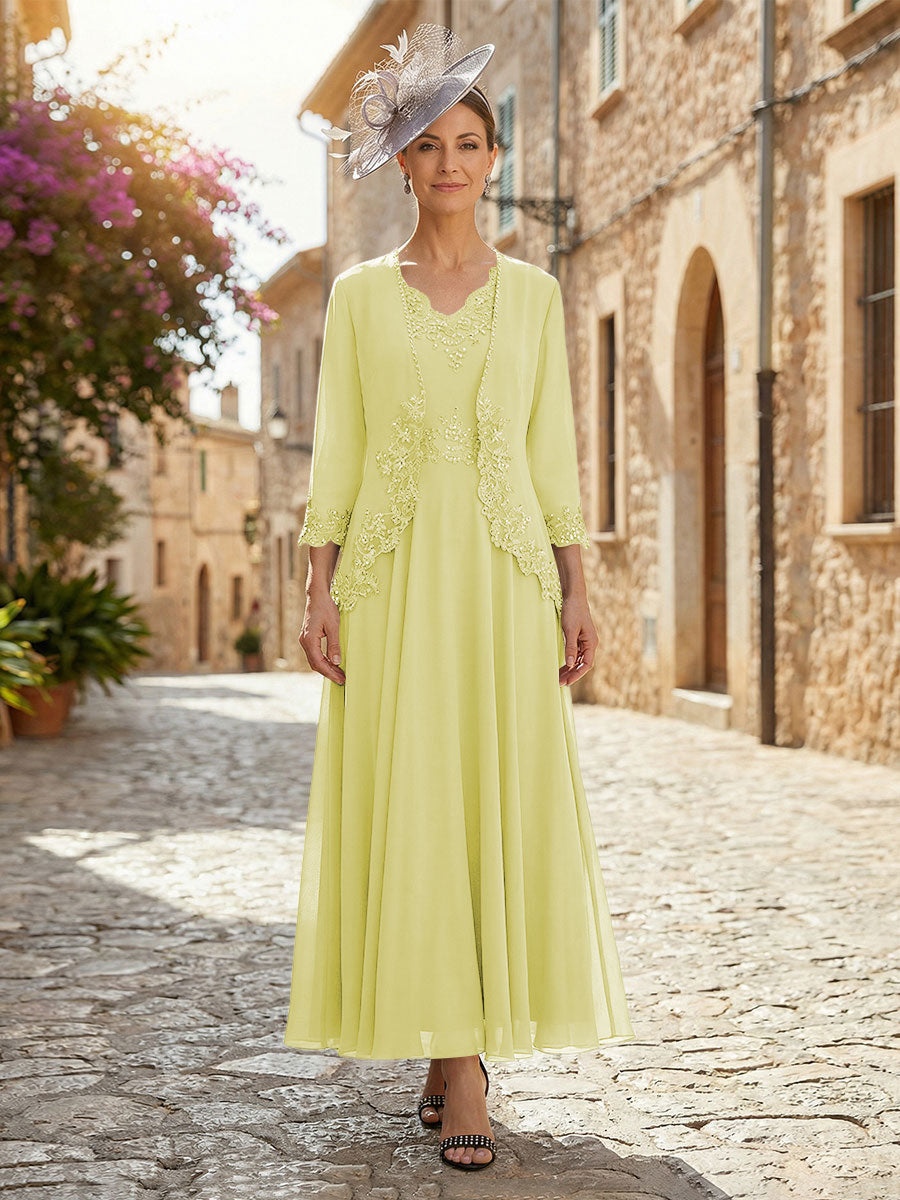 2-Piece A-Line Chiffon 3/4 Sleeves Mother of the Bride & Groom Dresses with Scalloped V-Neck Lace Bodice (SHI22500637)