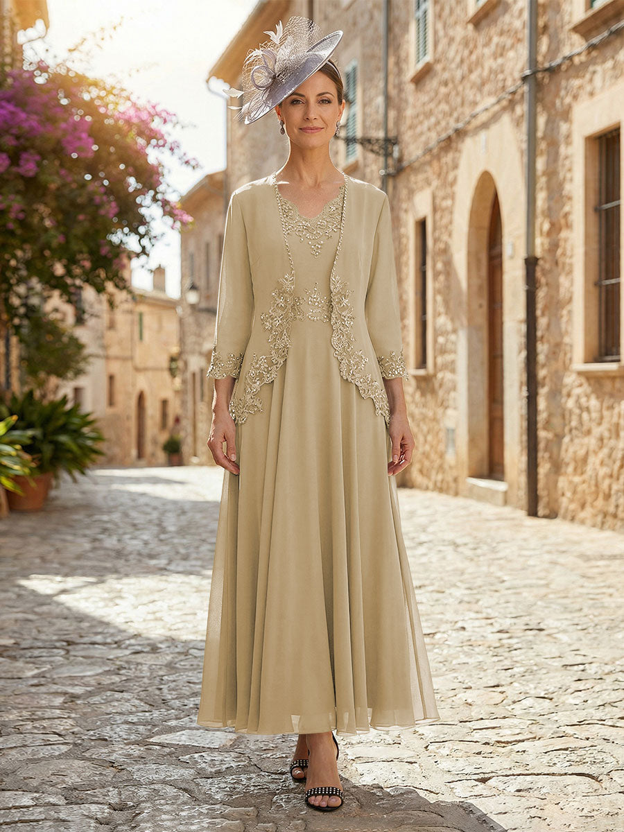 2-Piece A-Line Chiffon 3/4 Sleeves Mother of the Bride & Groom Dresses with Scalloped V-Neck Lace Bodice (SHI22500637)