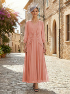 2-Piece A-Line Chiffon 3/4 Sleeves Mother of the Bride & Groom Dresses with Scalloped V-Neck Lace Bodice (SHI22500637)