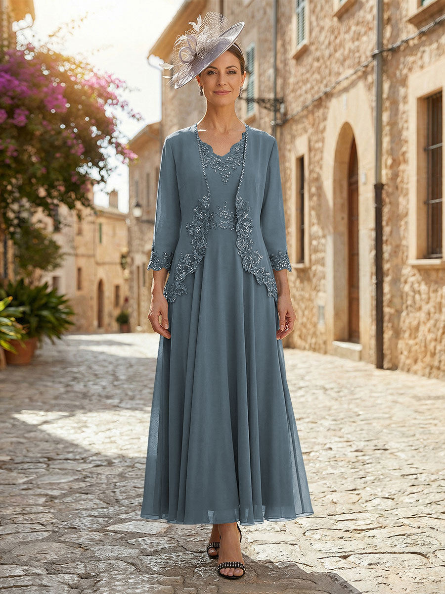 2-Piece A-Line Chiffon 3/4 Sleeves Mother of the Bride & Groom Dresses with Scalloped V-Neck Lace Bodice (SHI22500637)