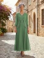 2-Piece A-Line Chiffon 3/4 Sleeves Mother of the Bride & Groom Dresses with Scalloped V-Neck Lace Bodice (SHI22500637)