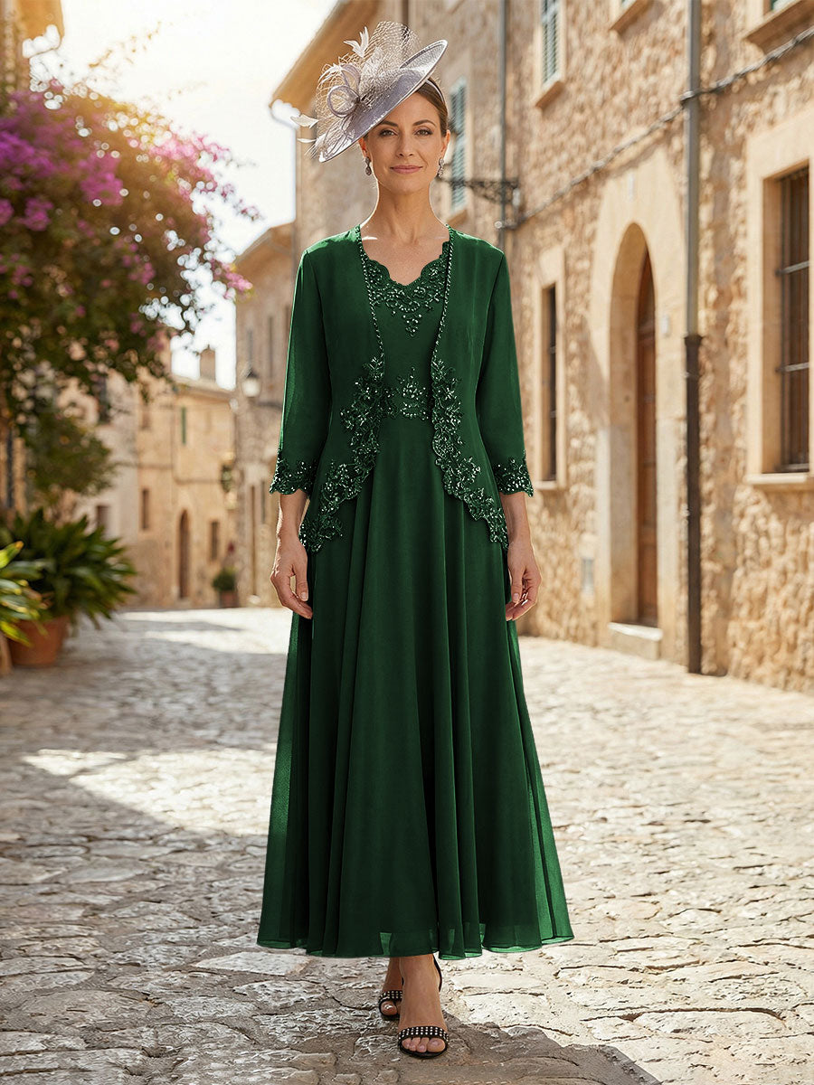 2-Piece A-Line Chiffon 3/4 Sleeves Mother of the Bride & Groom Dresses with Scalloped V-Neck Lace Bodice (SHI22500637)