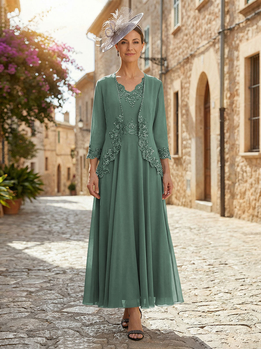 2-Piece A-Line Chiffon 3/4 Sleeves Mother of the Bride & Groom Dresses with Scalloped V-Neck Lace Bodice (SHI22500637)