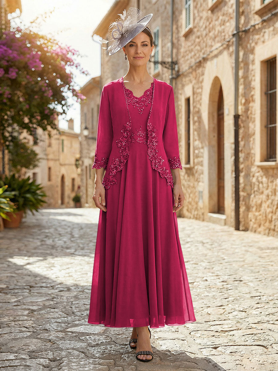 2-Piece A-Line Chiffon 3/4 Sleeves Mother of the Bride & Groom Dresses with Scalloped V-Neck Lace Bodice (SHI22500637)