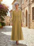 2-Piece A-Line Chiffon 3/4 Sleeves Mother of the Bride & Groom Dresses with Scalloped V-Neck Lace Bodice (SHI22500637)