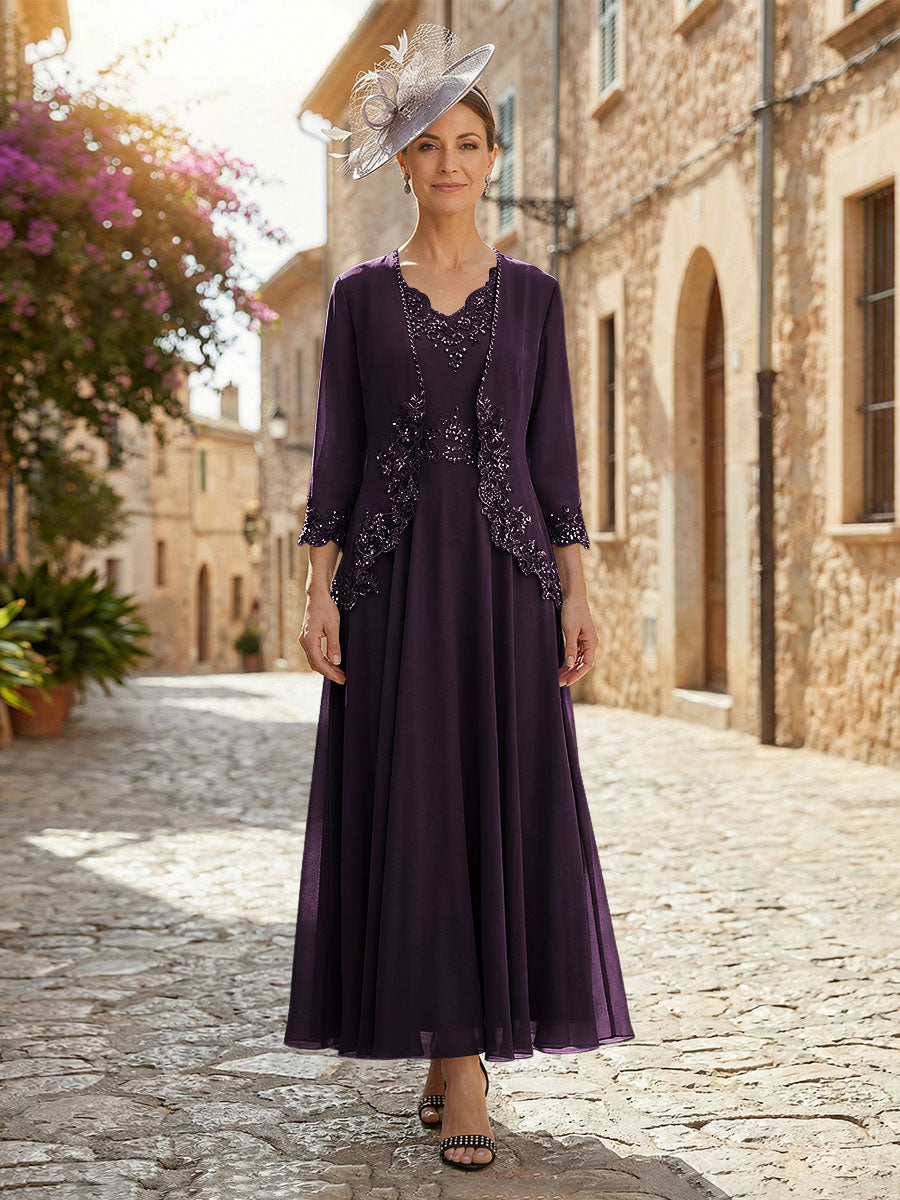 2-Piece A-Line Chiffon 3/4 Sleeves Mother of the Bride & Groom Dresses with Scalloped V-Neck Lace Bodice (SHI22500637)