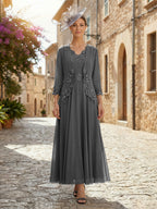 2-Piece A-Line Chiffon 3/4 Sleeves Mother of the Bride & Groom Dresses with Scalloped V-Neck Lace Bodice (SHI22500637)