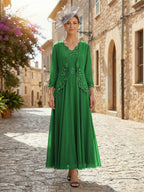 2-Piece A-Line Chiffon 3/4 Sleeves Mother of the Bride & Groom Dresses with Scalloped V-Neck Lace Bodice (SHI22500637)
