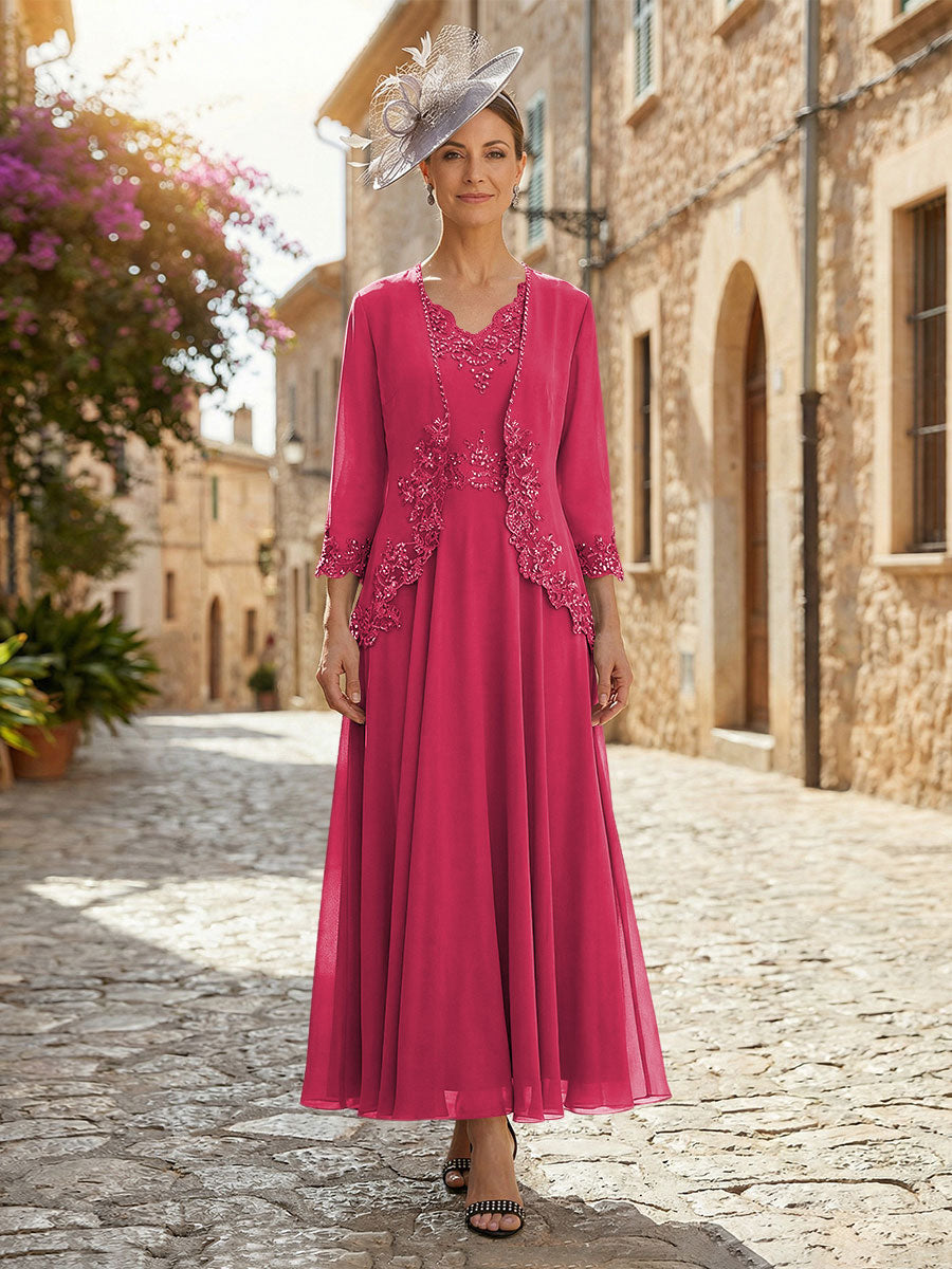 2-Piece A-Line Chiffon 3/4 Sleeves Mother of the Bride & Groom Dresses with Scalloped V-Neck Lace Bodice (SHI22500637)
