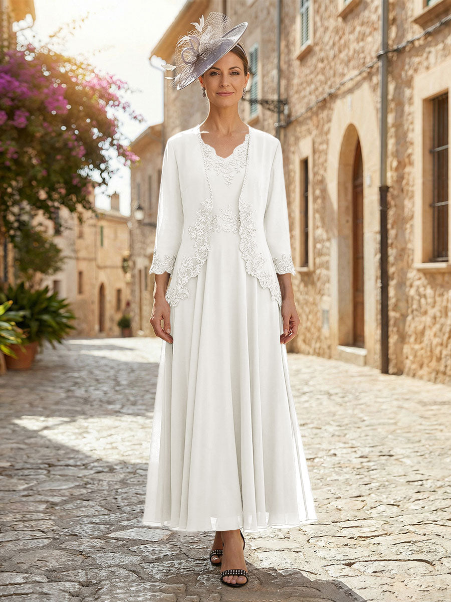 2-Piece A-Line Chiffon 3/4 Sleeves Mother of the Bride & Groom Dresses with Scalloped V-Neck Lace Bodice (SHI22500637)