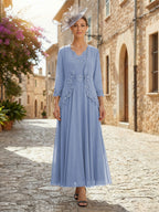 2-Piece A-Line Chiffon 3/4 Sleeves Mother of the Bride & Groom Dresses with Scalloped V-Neck Lace Bodice (SHI22500637)