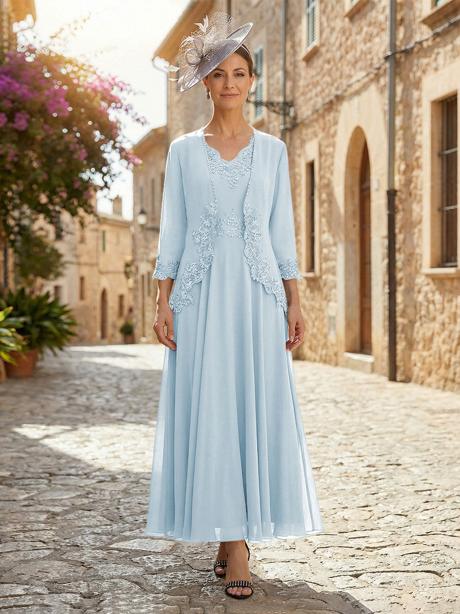 2-Piece A-Line Chiffon 3/4 Sleeves Mother of the Bride & Groom Dresses with Scalloped V-Neck Lace Bodice (SHI22500637)