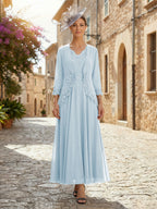 2-Piece A-Line Chiffon 3/4 Sleeves Mother of the Bride & Groom Dresses with Scalloped V-Neck Lace Bodice (SHI22500637)