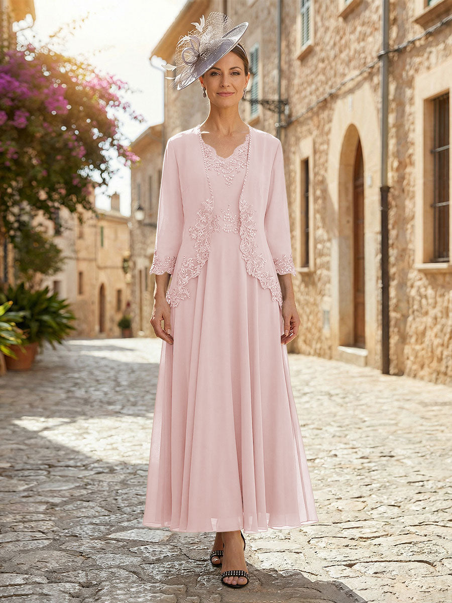 2-Piece A-Line Chiffon 3/4 Sleeves Mother of the Bride & Groom Dresses with Scalloped V-Neck Lace Bodice (SHI22500637)