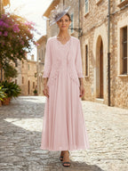 2-Piece A-Line Chiffon 3/4 Sleeves Mother of the Bride & Groom Dresses with Scalloped V-Neck Lace Bodice (SHI22500637)