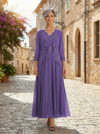 2-Piece A-Line Chiffon 3/4 Sleeves Mother of the Bride & Groom Dresses with Scalloped V-Neck Lace Bodice (SHI22500637)